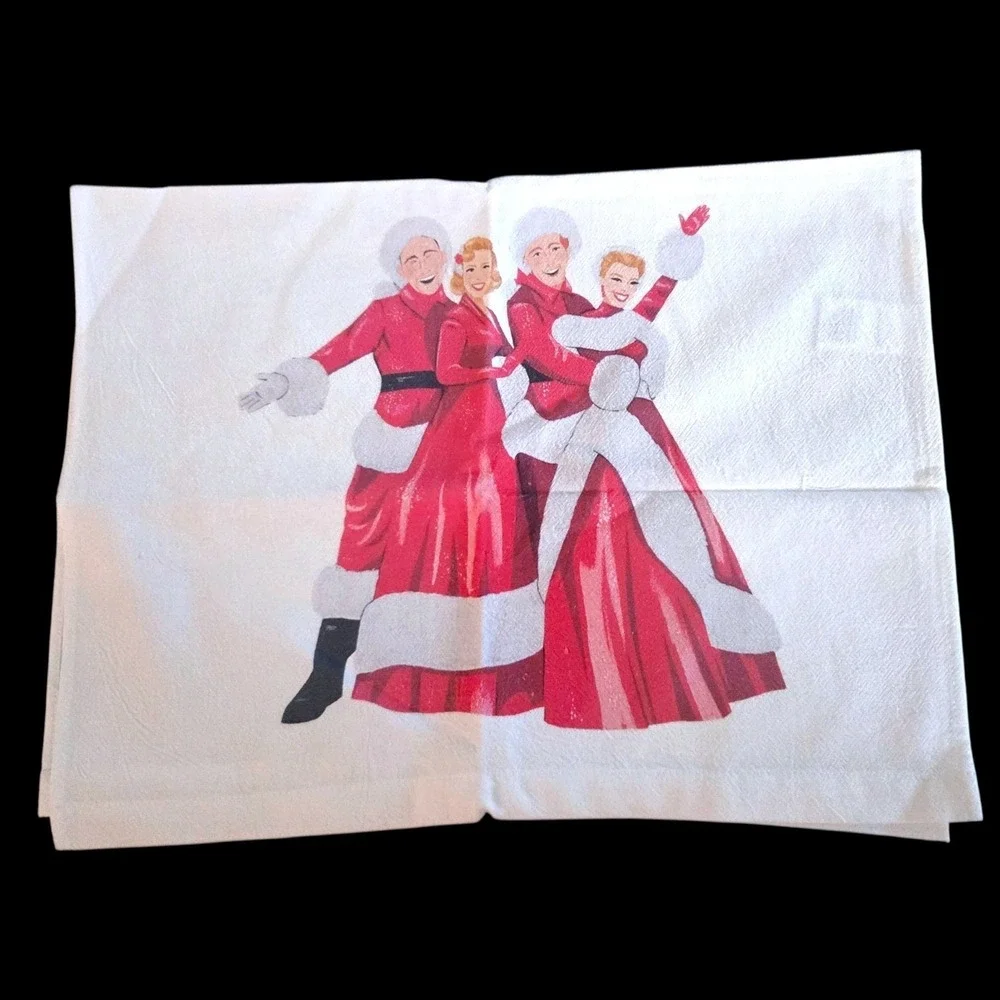 White Christmas Movie Scenes Kitchen Tea Towels Set of 4 100% Cotton White 23x15